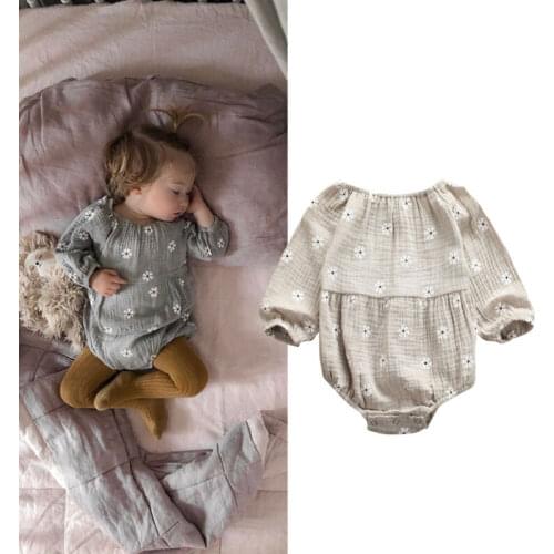 Newborn Baby Girls Clothes Cotton And Linen Toddler Baby Girls Bodysuit Long Sleeve Beige Floral Print Jumpsuit Set Baby Outfits