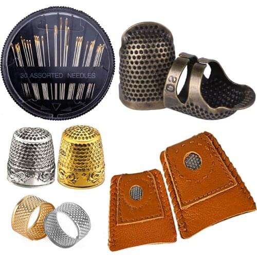 LMDZ 8 Pcs Sewing Thimble,30 Pcs Sewing Needles, Finger Protector Thimble Adjustable Metal Bronze Rings and Leather Coin Thimble