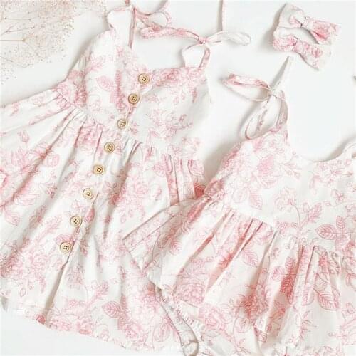 Cute Fashion Clothes Newborn Kids Baby Girl Sister Matching Clothes Sleeveless Cotton Flowers Romper And Dress Outfits