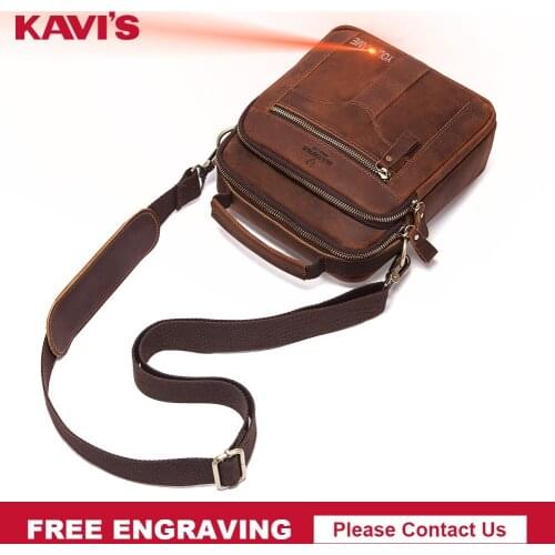 KAVIS Genuine Leather Mens Crossbody Bag Capacity Business Messenger Bag Male Spliter Vintage Flap Shoulder Bag Free Engraving