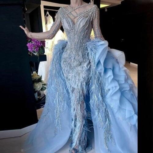 Sky Blue Heavy Beading Evening Gowns Saudi Arabia Sheer Neck Long Sleeves Detachable Train Feather Prom Dresses Robe De Soiree