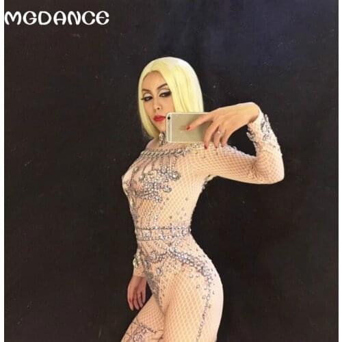 New Woman Sexy Stage Bodysuit Full Sparkling Crystals Stones Jumpsuit Nightclub Singer Performance Party Wear Women outfit