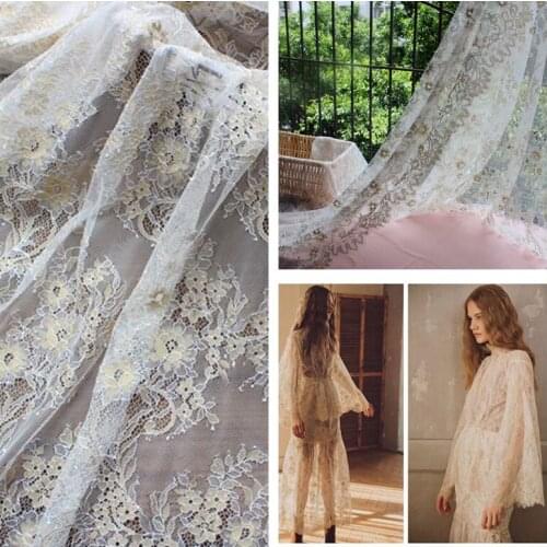 LASUI New 1.5 m * 3 m=1piece Noble Gold mixed white French eyelashes lace fabric diy for veil, wedding dress ,C0195