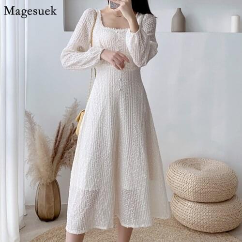 New Spring Summer Dress Women Square Collar Puff Sleeve Midi Elegant Dress Female Party Dresses Women Evening Vestidos 12917