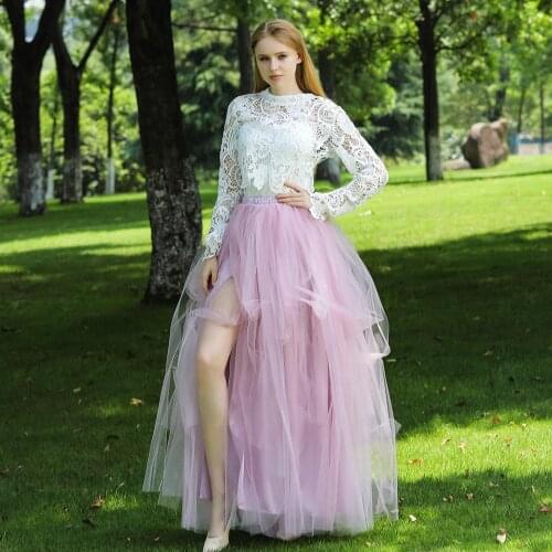 New Design Tulle Skirts Womens Fashion Elastic High Waist Mesh Sexy Tutu Split Skirt Pleated Long Skirts Long Skirt Saias Faldas