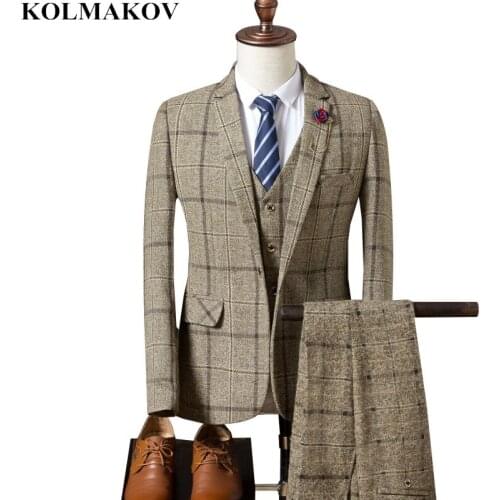 Jacket+Pants+Vest) New Mens Business Casual Dress Man Suits Slim Fit Plaid Luxury Suits 4XL 3 Pieces Blazers Dress Suit Pants