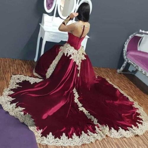 Eightale Burgundy Evening Dresses with Detachable Train O-Neck Gold Appliques Satin Long Sleeves Prom Gowns Arabic Party Dress