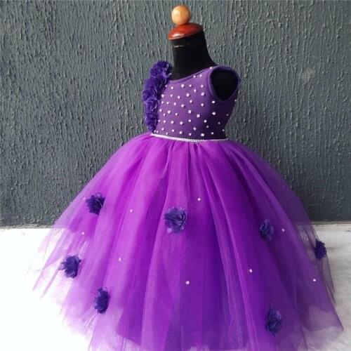 Real Photos Purple 3 D Flower Applique Flower Girls Dresses Ball Gowns Shoulder Flower Applique Child Christmas Birthday Dresses