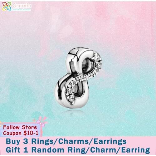 Smuxin 925 Sterling Silver Bead Sparkling Infinity Clip Charms fit Original Pandora Bracelets for Women Jewelry Making Girl Gift