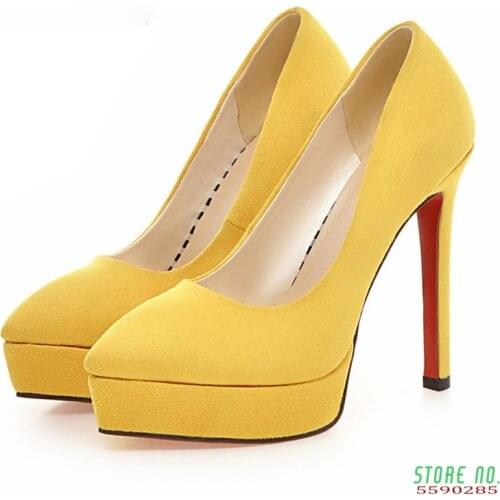 Big Size Women Platform Pumps 13cm High Spike Heels Black Yellow Flock Party Office Lady Sexy Slip-on Pointed Toe Thin Stiletto