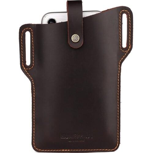 Mens Vintage Thin Waist Packs Genuine Leather High Quality Cell Phone Pack Tools Bag Connecting Belt Design Leisure Retro