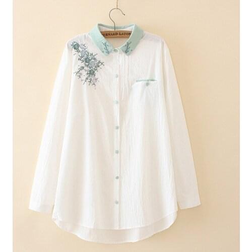 Plus Size Womens Blouse Long Sleeved Floral Embroidery White Shirts OL Tops