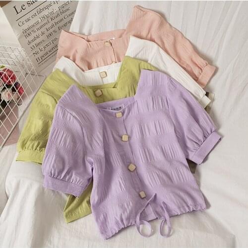 Summer blouse women vintage crop shirt streetwear cotton ladies tops elegant button up shirt korean crop top purple 2020 5 color