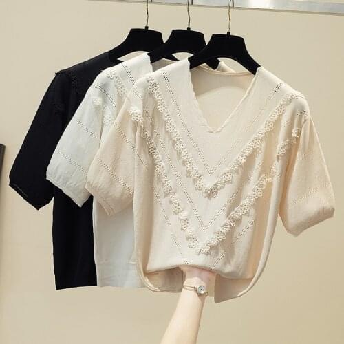 Women Summer Sweaters Summer top V-Neck Solid color Loose Short sleeve Jumper Sweater Thin Casual Knitted Pullover 2021 New