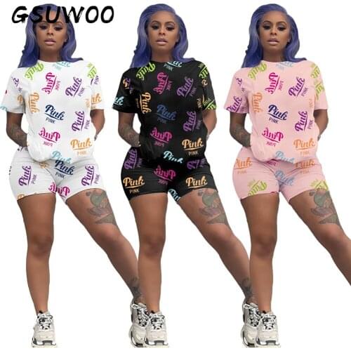 GSUWOO Woman Pink Letter Print Short Sleeve T-shirts Shorts Two-Piece Set Summer Casual Tops Shorts Tracksuit Outfits Suits