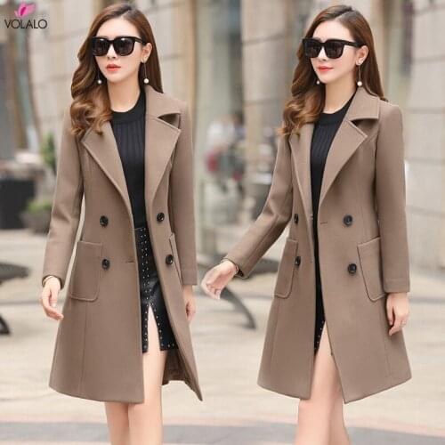 Women Elegant Notched Collar Double Breasted Wool Blend Over Coat