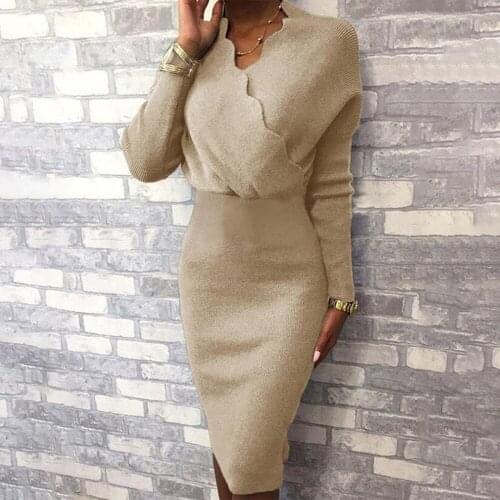 Women Sexy Knitted Ruffled Bodycon Midi Dress 2021 Spring Autumn Fashion Pure Color Office Skinny Dresses Woman Pencil Vestidos