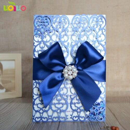 50pc sea blue card Craft Laser Cut Party Birthday Invitations Card free heart tree Country Style Folded Wedding Invitation Card