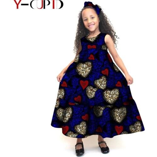 African Clothes for Kids Girls Ankara Print Long Loose Maxi Dresses Matching Bowtie Hairpin Bazin Riche Children Outfit YS184508