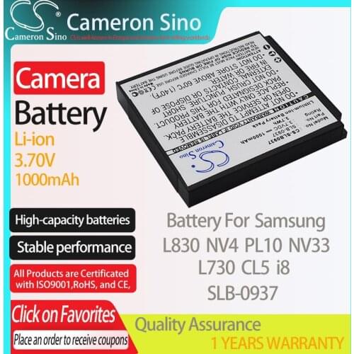CameronSino Battery for Samsung L830 NV4 PL10 NV33 L730 CL5 i8 fits Samsung SLB-0937 Digital camera Batteries 1000mAh 3.70V