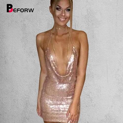 BEFORW Sequin Dress Womens Sexy Dresses Party Night Club Dress Metal Diamond Chain Sling Clothing Gold Silver Super Sexy Dress