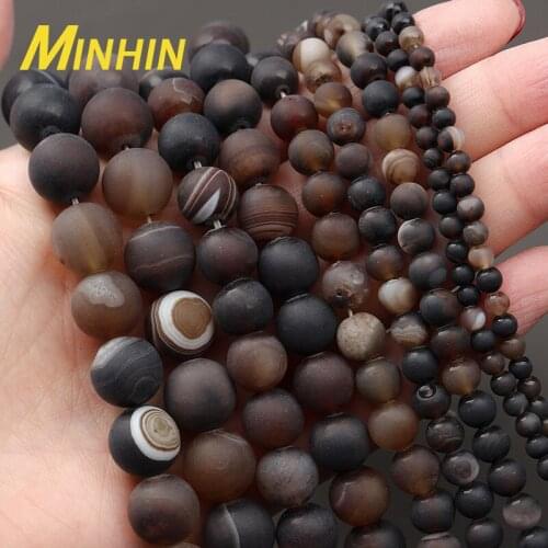 MINHIN Natural Matte Coffee Striped Agates Stone Beads Round Loose Beads For Jewelry Making DIY Bracelets 4/6/8/10/12MM
