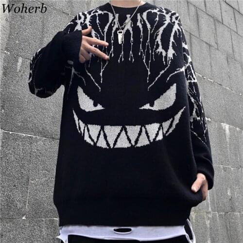 Woherb Harajuku Black Sweater Women Men Lightning Devil Knitted Jumper Oversize Pullover Hip Hop Streetwear 2020 Autumn Sweaters