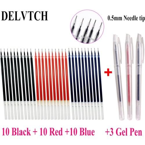 DELVTCH 0.5mm 30PCS Needle tip Gel Ink Pen Refill Rod & 3pcs Gel Pen Office School Student Signature Supplies Blue/Red/Black Ink