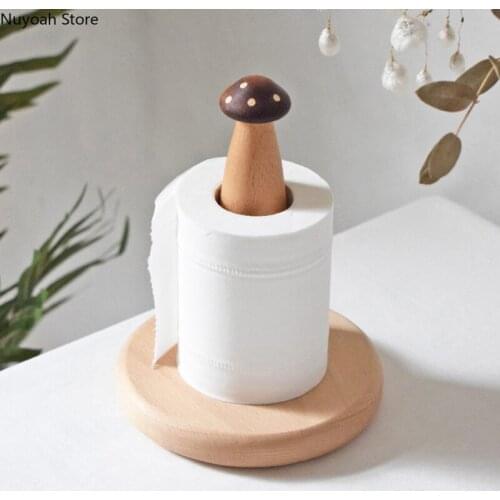 Cute Mushroom Paper Roll Holder Creative Household Paper Towel Oil-absorbing Solid Wood Tissue Holder Kitchen Storage Rack