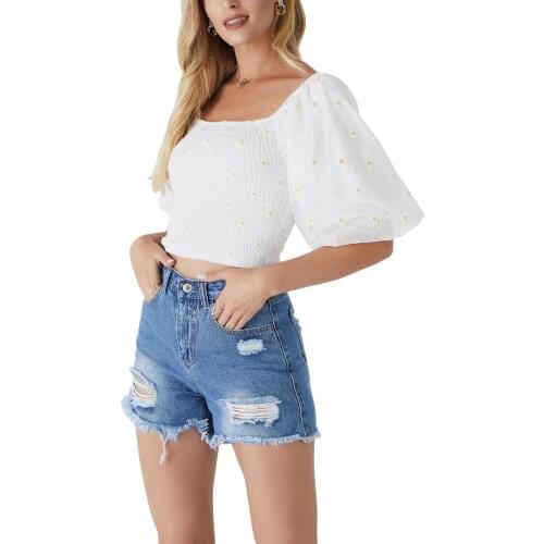Casual Women Summer short Jeans Ripped Frayed Zipper Button Open Denim Shorts with Pockets for Girls Blue