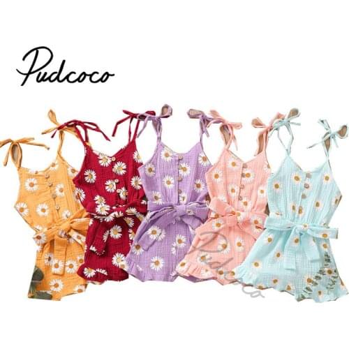 Baby Summer Clothing Toddler Baby Girl Daisy Flower Romper Jumpsuits Spaghetti Straps Sleeveless Buttons Tie Waist Playsuit 2021