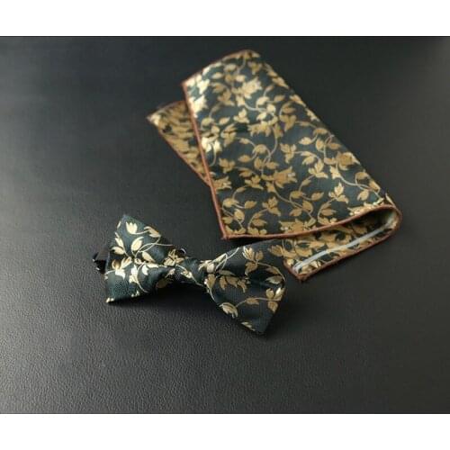 Fashion Black Bow Ties for Men 100% Silk Butterfly Pre-Tied Bow Tie Pocket Square Suit Set Floral Gold Bowties