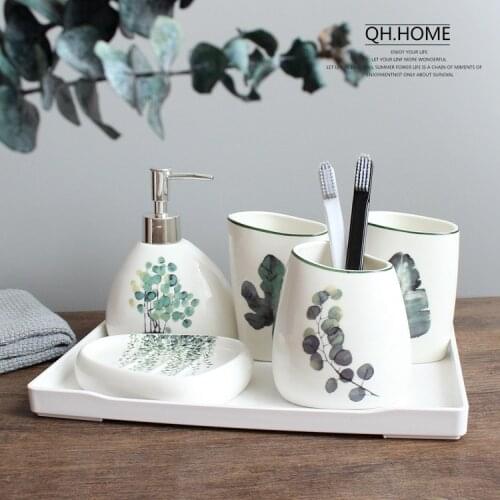 Nordic green plant ceramic six-piece bathroom products Simple five-piece wedding bath set Bathroom ceramic set melamine tray