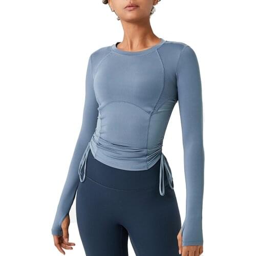Spring New Women Drawstring Bandage Yoga Shirts Quick-Drying Breathable Mesh Tight Long-Sleeve Running Fitness Sports T-shirt
