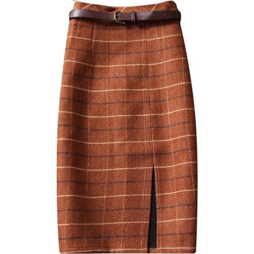 Autumn winter plaid woolen skirt women high waist knee-length split package hip skirt