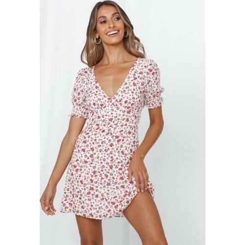 Ardm Summer Floral Print V-Neck Short Sleeve Dress Backless High-Waist Ruffled Women Dress Fashion Female A-Line Mini Dress