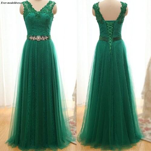 Green Prom Dresses Long Lace Beaded Floor Length Lace Up Back Formal Party Gowns Evening Dress vestido de festa longo Cheap