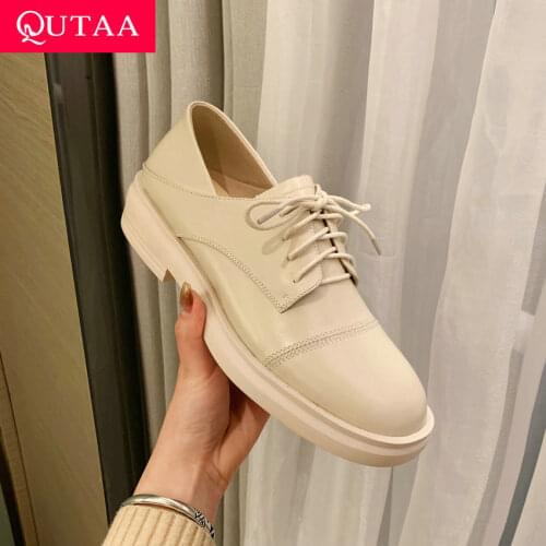 QUTAA 2021 Spring Autumn Square Heels High Quality Genuine Leather Lace Up Female Pumps Round Toe Concise Women Shoes Size 34-40