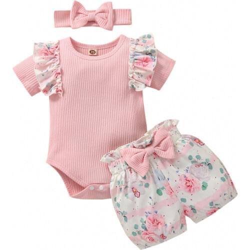 0-12M Baby Summer Clothing Knitted Cotton Ruffle Short Sleeve Rompers + Flower Shorts + Bow Headband Infant Girl Clothes 3 Pcs