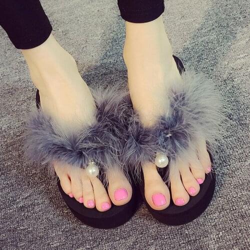 Summer diy handmade sewing fur flip flops women pearl pendant wedges slides woman platform sandals feather decorate beach slides
