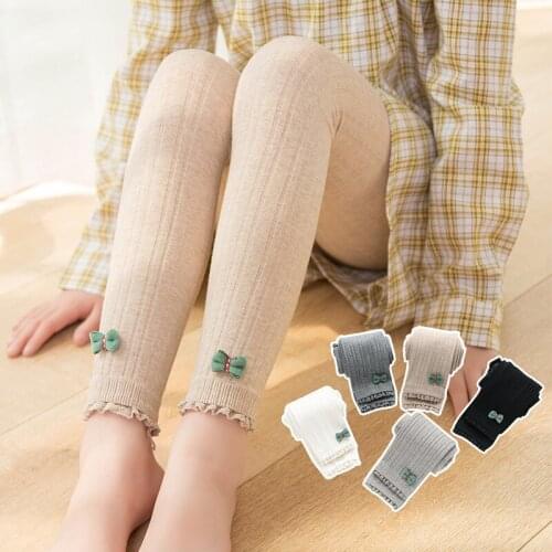 Spring and summer thin stitching green mini bowknot cropped pants with wooden ears cute baby cotton slim leggings outer wear