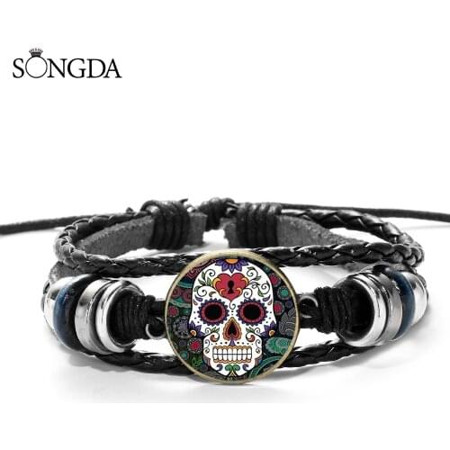 Vintage Hippie Skeleton PU Leather Bracelet Mexican Sugar Skull Folk Art Pattern Glass Cabochon Adjustable Rope Bracelet