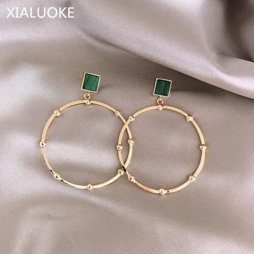 XIALUOKE Exaggerated Geometric Metal Square Green Stone Big Circle Earrings For Women Retro Trendy Earrings Jewelry Accessories