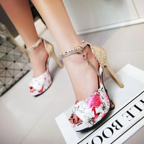 Women Summer Flower print shoes Fish Mouth high heel ladys platform sandals evening dress wedding shoes femal zapatos de mujer