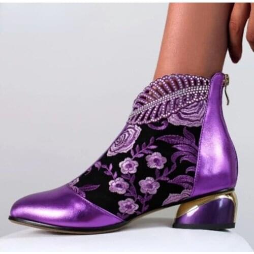 2021 New Ankle Boots Womens Shoes Leather Boots Embroidery Ethnic Bohemia Zipper Spring Autumn Ladies Botas Botas De Mujer