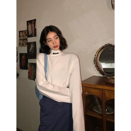 Woman Tshirts White Turtleneck Long Sleeve T-shirt Womens Autumn and Winter Loose Top Ropa Mujer Camisetas