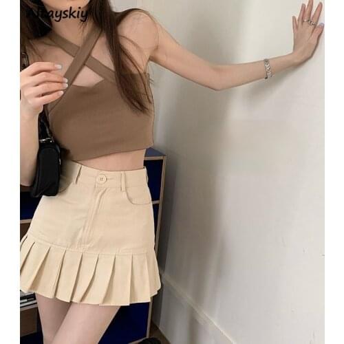 Sets Women Summer Criss-cross Bandage Sexy Camis Crop Tops Ulzzang Slim A-line Pleat Solid Denim Skirts Fashion Club Streetwear