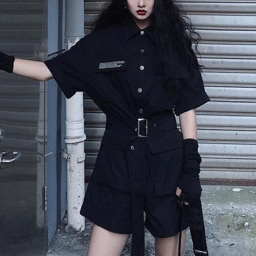 New Black Gothic Women Jumpsuit Summer Korean Harajuku Vintage Playsuits Sexy Slim Short Sleeve Top Shorts Rompers Body Suit