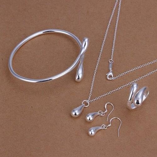 Wholesale wedding party water drops necklace bangles Dangle earrings rings fashion women Silver color jewelry sets S221