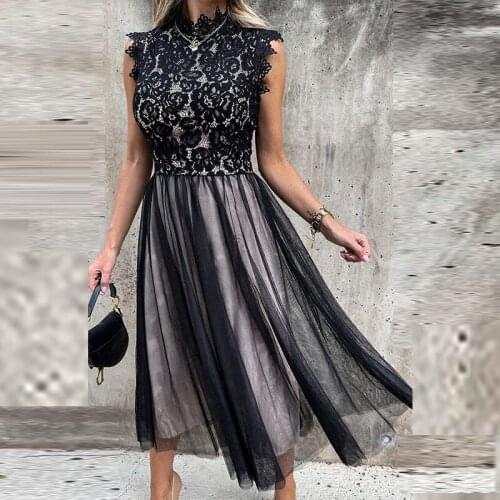 2021 Women Elegant Long Dress Summer Patchwork Ladies Sleeveless Solid Color Lace Maxi Dresses Fashion Sexy Casual Party Dress